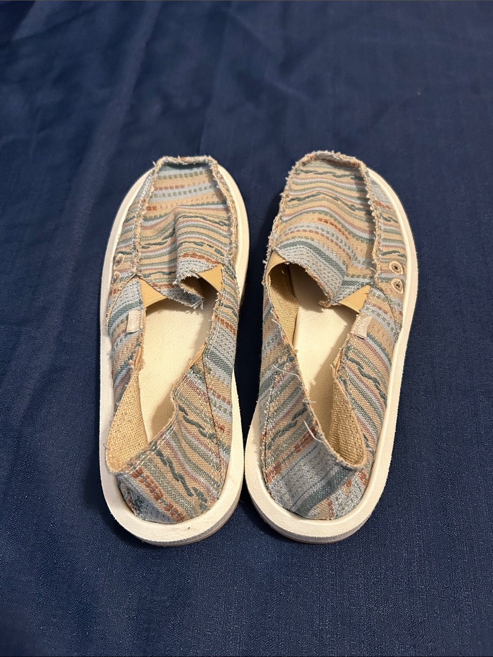 Sanuk Women's Slip-On Striped Canvas Sandals in Blue and Tan